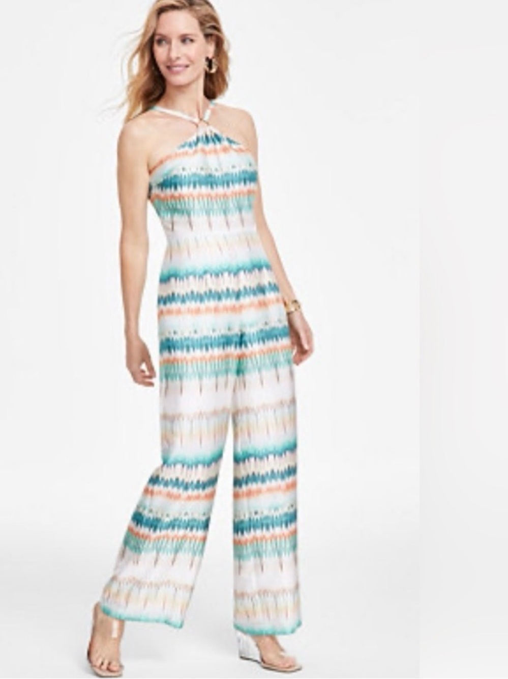 NWOT INC International Concepts Teal, Coral & White Halter-Style jumpsuit size 8